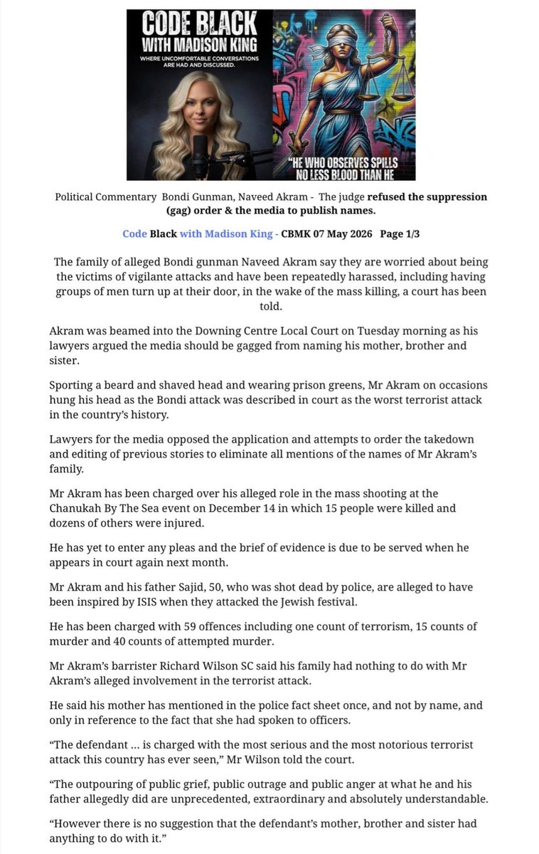MadisonKing_fox's tweet photo. Court Rejects Gag Order as Bondi Terror Accused’s Family Exposure.

Open justice for one case  but not another?
Can Australian politicians apply the same standard to Port Arthur? 

The double standards in this country is atrocious. @AngusTaylorMP  @AlboMP https://t.co/SXsjme0KlN