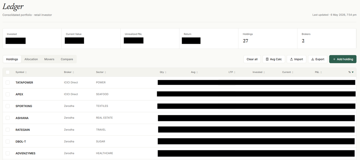 Another day, another tool built using Claude 🚀

Introducing #LedgerIQ

❓Problem: I wanted a single place to track all the equity portfolios I manage across my family’s multiple brokers  including SME stocks.

♻️Solution: LedgerIQ is a manual portfolio tracker where you can