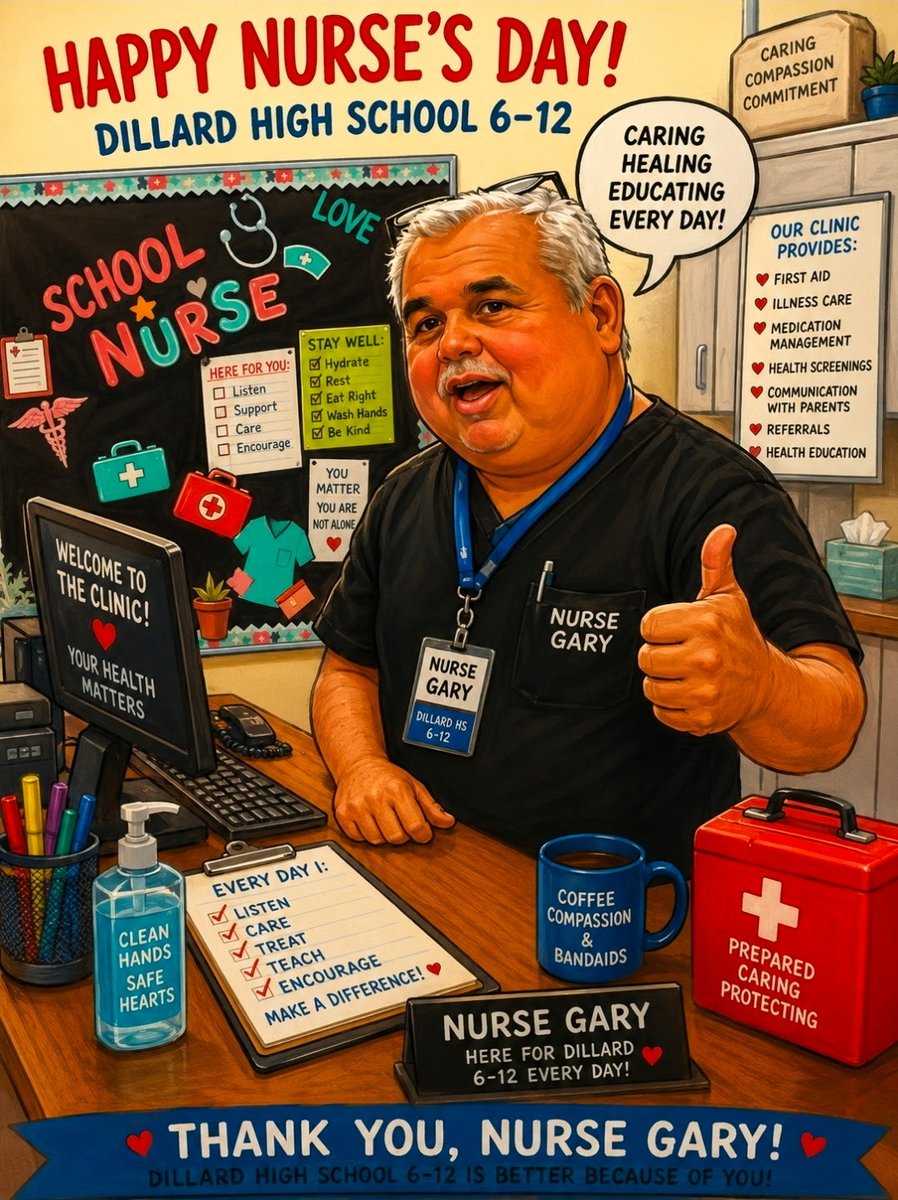 Dillard_HS's tweet photo. Honoring Nurse Gary this #NationalNursesDay 🩺💙 Thank you for your compassion and dedication! 

We’re excited to welcome you to the Dillard High School 6–12 team — our community is stronger with you here! 🎉 #WelcomeToDillard612 #NurseAppreciation #DillardHigh #happynurseday https://t.co/pWljE49Ytg