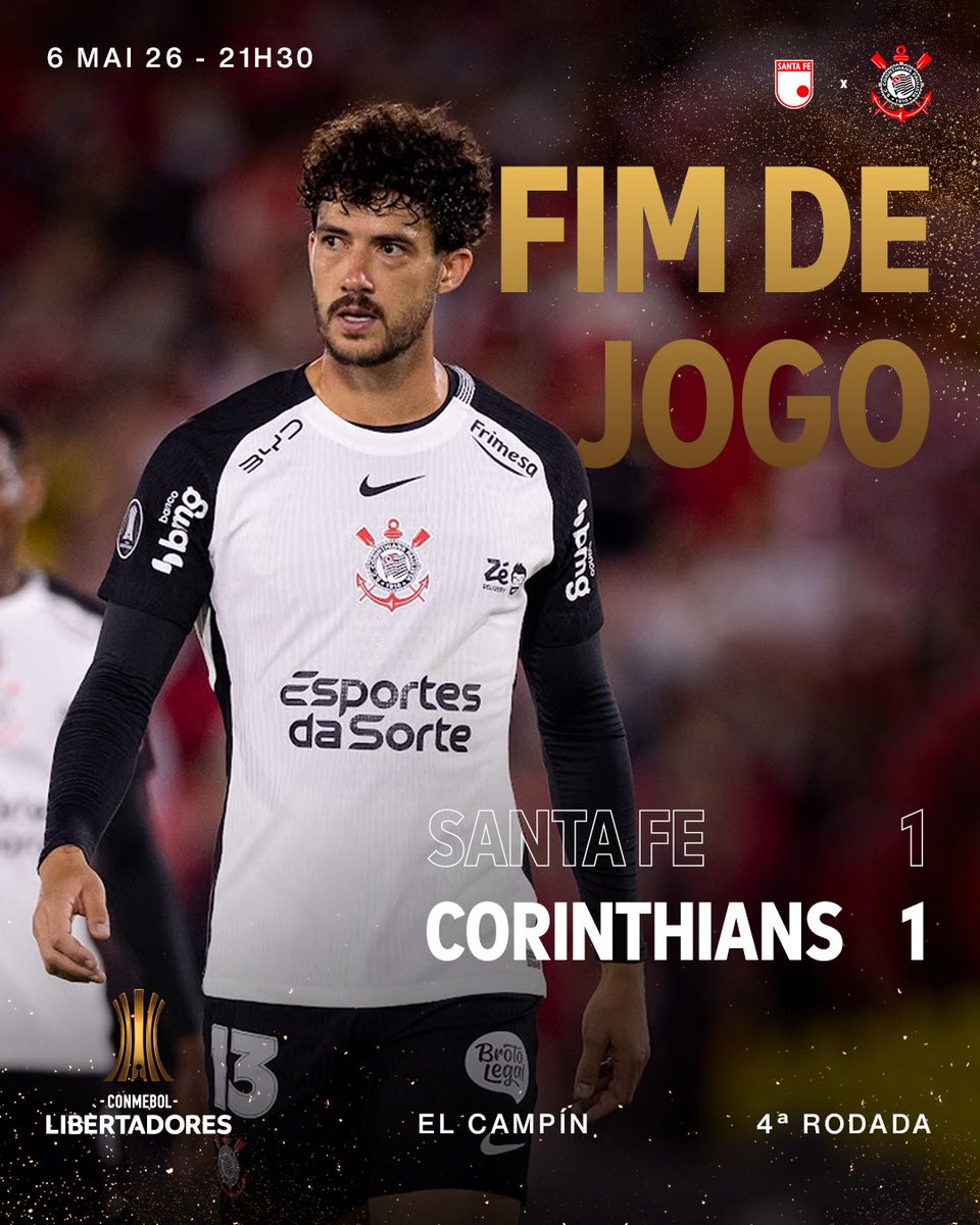 Fim de jogo na Colômbia! 

O Timão garantiu o empate fora de casa e chegou a dez pontos na CONMEBOL Libertadores! 

Santa Fe (🇨🇴) 1 🆚 1 Corinthians

⚽ Gustavo Henrique

#VaiCorinthians