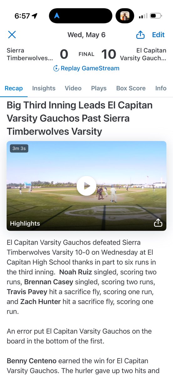 ECapbaseball's tweet photo. Gauchos take game 1 in playoffs!!! Good team win today w BCent dealing on the hill! On to rd 2 Friday!!! Let’s go Gauchos!!! https://t.co/W6P1s1XlFZ