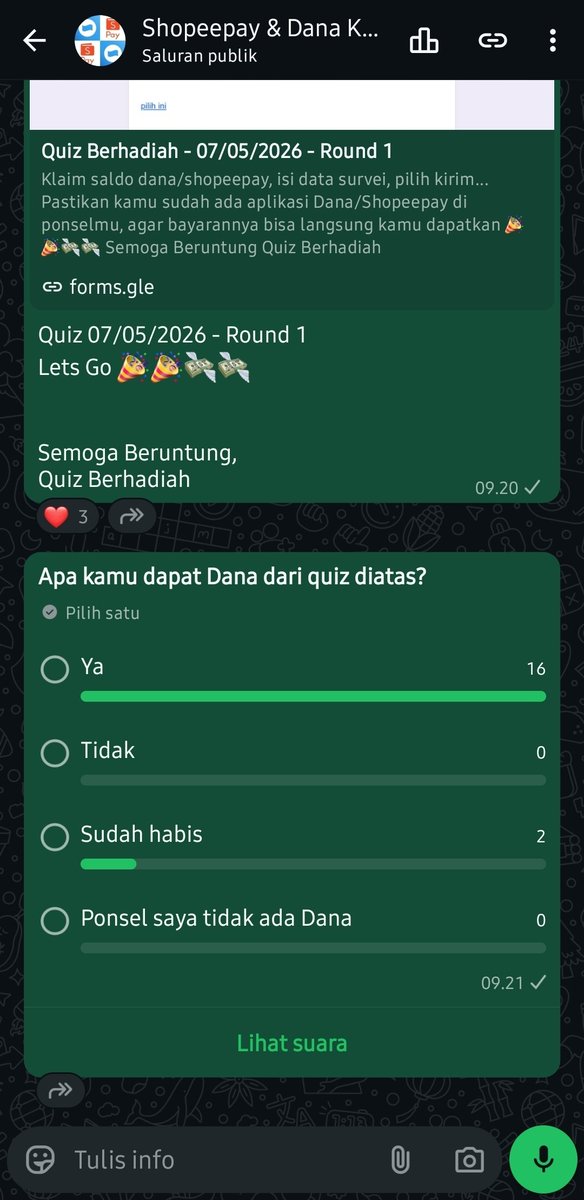 la_risya's tweet photo. 07/05/2026 - Round 1

Channel whatsapp ku lagi bagi2 Shopeepay/Dana Kaget nih 💸💸🎉🎉
👇
https://t.co/M3VzGuYe4N
https://t.co/ZOw9e41Vtu
https://t.co/M3VzGuYe4N

Lets Go
Semoga Beruntung 🫡🫡
Quiz Berhadiah https://t.co/ETc9DILjGz