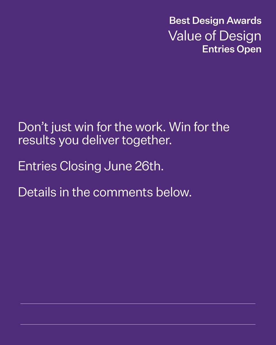 bestawards's tweet photo. Best Awards. Value of Design. Entries Open.

Agencies: Do you want to be seen as a strategic partner rather than a vendor?

The Value of Design award is the ultimate proof of partnership. It celebrates the collaborative bravery required to let design lead a business decision. https://t.co/7nVL5ZIycl