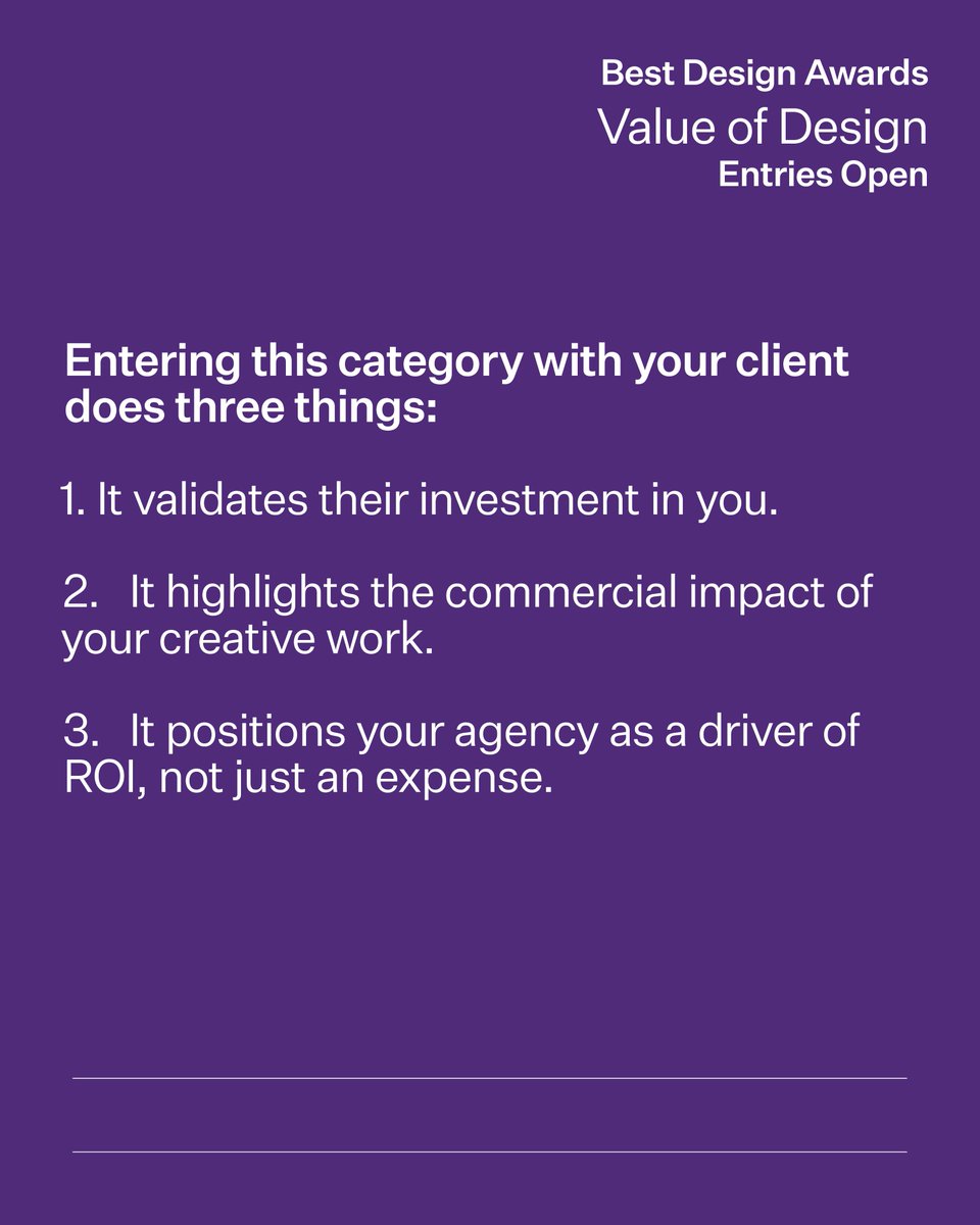 bestawards's tweet photo. Best Awards. Value of Design. Entries Open.

Agencies: Do you want to be seen as a strategic partner rather than a vendor?

The Value of Design award is the ultimate proof of partnership. It celebrates the collaborative bravery required to let design lead a business decision. https://t.co/7nVL5ZIycl