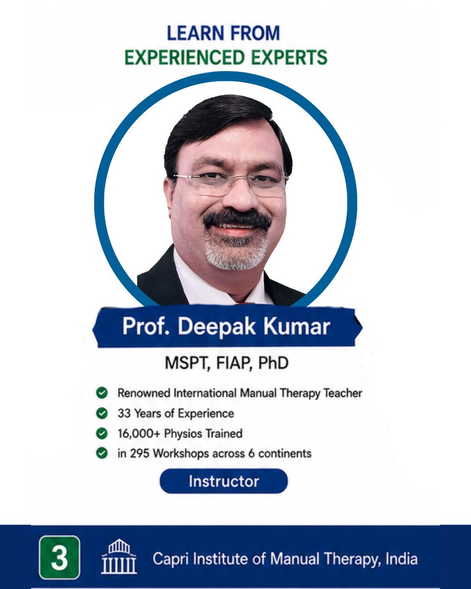 deepakcapri's tweet photo. COMT is coming to Riyadh, KSA 🇸🇦👐

A hands-on Manual Therapy experience designed for Physiotherapists who want more than just theory —who want clarity in assessment, confidence in treatment, and better clinical outcomes.

✨ 300+ Techniques✨ 160 Hours of Training✨ 8 Days Intensive Hands-On Learning✨ Spine, Peripheral Joints, MRI Reading, HVT, Taping & More✨ Pre-recorded Demonstration Videos✨ CPD Accredited

Learn directly from Prof. Dr. Deepak Kumar —an internationally renowned Manual Therapy educator with 33 years of experience and 16,000+ physiotherapists trained across 6 continents. 🌍

This is not just another https://t.co/fvsuZNagYZ is an opportunity to refine your clinical reasoning, sharpen your hands-on skills, and transform the way you approach patients. 👐✨

📍 Riyadh, KSA📅 12th – 19th June 2026

Seats are limited and registrations are already generating strong interest.

Because better outcomes don’t happen by chance —they come from better assessment, better skills, and better clinical decisions. 🔥

📩 Register now and be part of this transformational learning journey.🌐 https://t.co/a2MZ3cQQTb
#comt #handsontraining #manualtherapyworkshop #manualconcepts #manualofmulliganconcept Deepakcapri Tanmaycapri Awtaarcourses Riyadh SaudiArabia