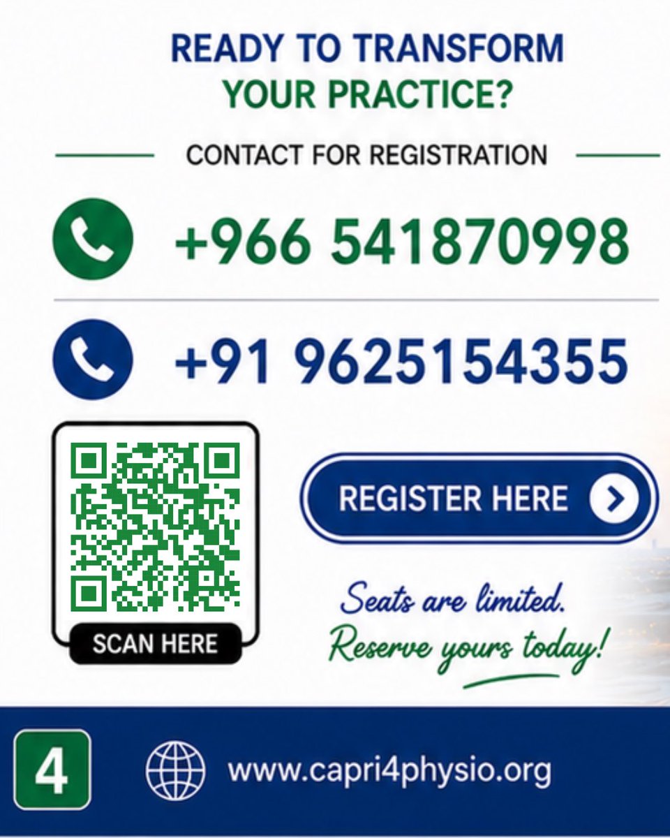 deepakcapri's tweet photo. COMT is coming to Riyadh, KSA 🇸🇦👐

A hands-on Manual Therapy experience designed for Physiotherapists who want more than just theory —who want clarity in assessment, confidence in treatment, and better clinical outcomes.

✨ 300+ Techniques✨ 160 Hours of Training✨ 8 Days Intensive Hands-On Learning✨ Spine, Peripheral Joints, MRI Reading, HVT, Taping & More✨ Pre-recorded Demonstration Videos✨ CPD Accredited

Learn directly from Prof. Dr. Deepak Kumar —an internationally renowned Manual Therapy educator with 33 years of experience and 16,000+ physiotherapists trained across 6 continents. 🌍

This is not just another https://t.co/fvsuZNagYZ is an opportunity to refine your clinical reasoning, sharpen your hands-on skills, and transform the way you approach patients. 👐✨

📍 Riyadh, KSA📅 12th – 19th June 2026

Seats are limited and registrations are already generating strong interest.

Because better outcomes don’t happen by chance —they come from better assessment, better skills, and better clinical decisions. 🔥

📩 Register now and be part of this transformational learning journey.🌐 https://t.co/a2MZ3cQQTb
#comt #handsontraining #manualtherapyworkshop #manualconcepts #manualofmulliganconcept Deepakcapri Tanmaycapri Awtaarcourses Riyadh SaudiArabia