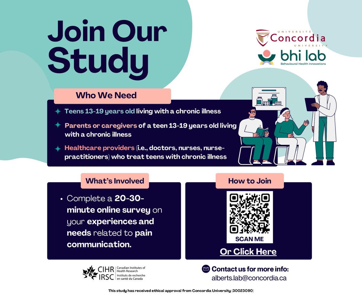 SaskPain's tweet photo. Hey everyone!
We’re sharing an opportunity from a research team at Concordia University looking to improve how teens with chronic illness communicate about pain. https://t.co/CYtHGrgasB