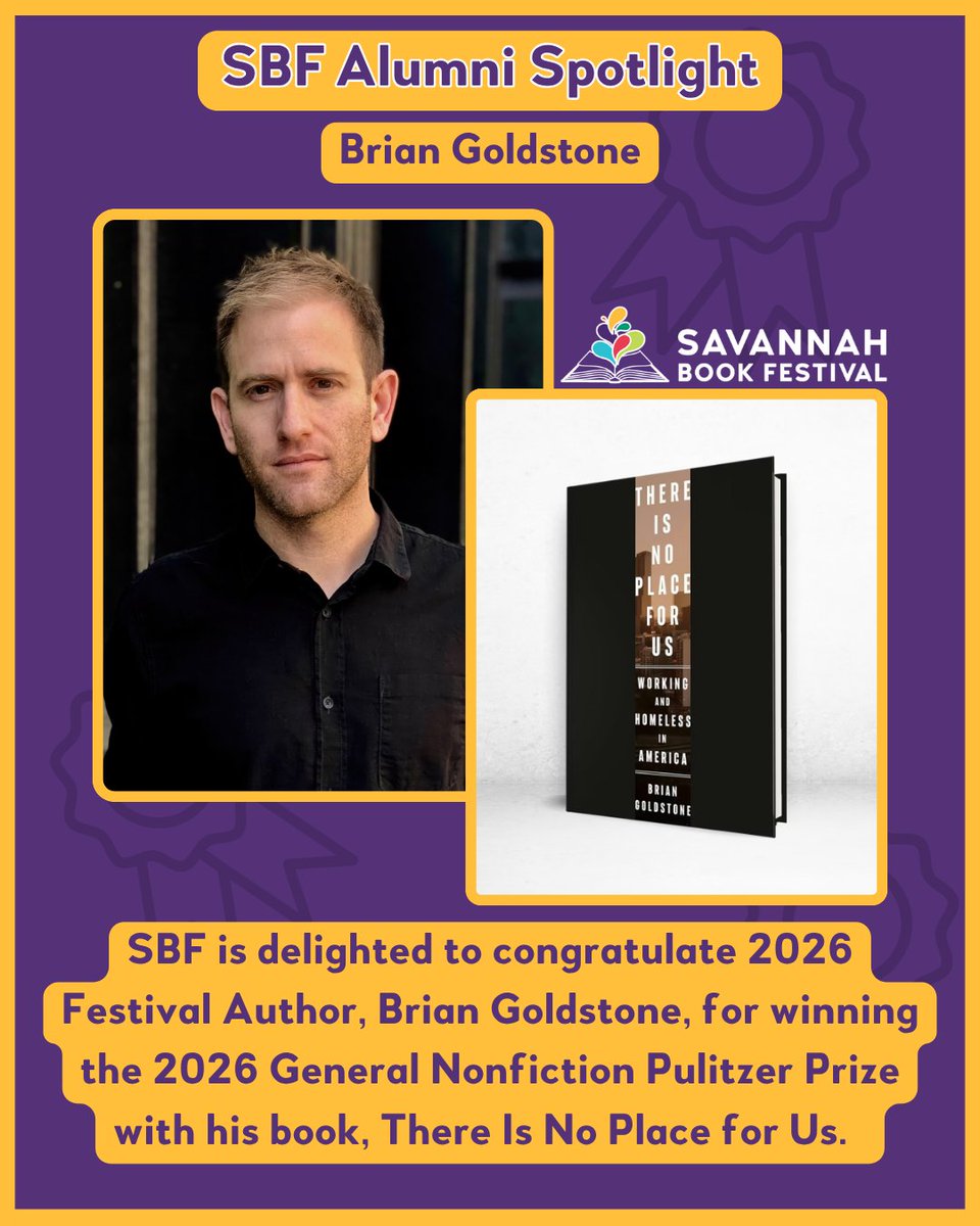 SavBookFest's tweet photo. SBF congratulates 2026 Festival Saturday Authors Brian Goldstone and Scott Anderson for their #pulitzer achievements. Brian Goldstone's book, There Is No Place for Us, received the General Nonfiction Pulitzer, and Scott Anderson ranked as  Finalist in History with King of Kings https://t.co/z9kctm6nnO