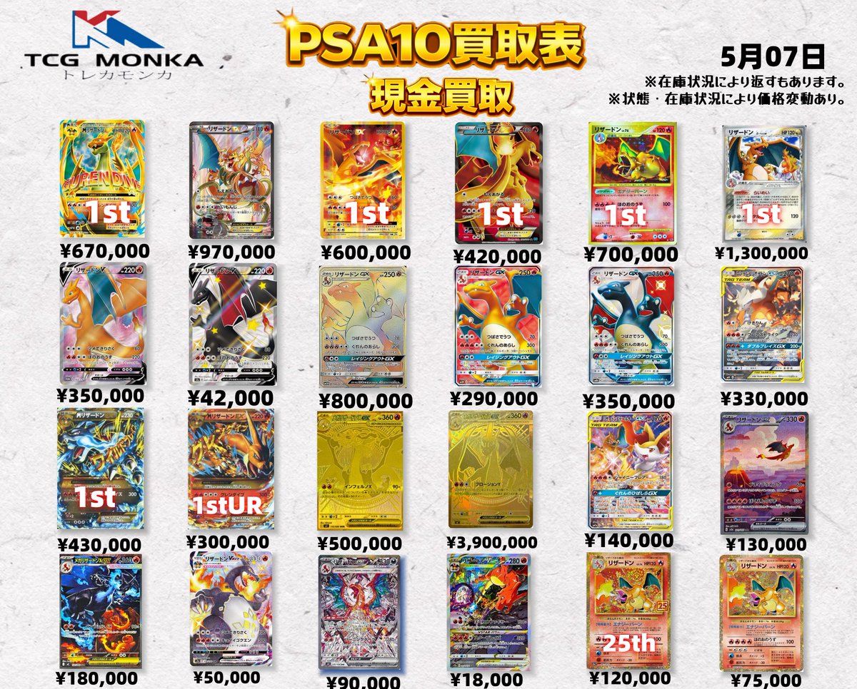 📢PSA10買取表更新【5月07日】

最新相場にて高価買取中🔥

人気カードは特に強化中‼️
💴現金買取・安心安定／即日支払い対応
お持ち込み大歓迎です📦
査定のみでもお気軽にどうぞ✨

#ポケカ #PSA10 #買取 #トレカ