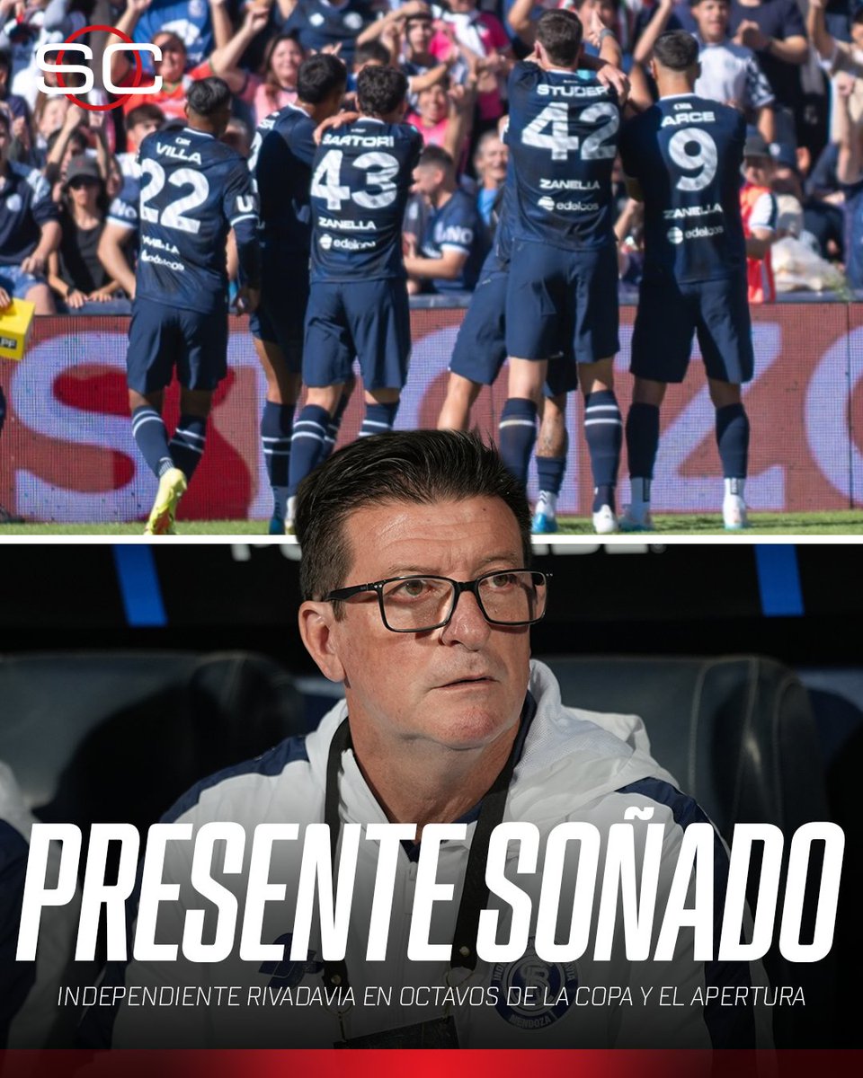 SC_ESPN's tweet photo. 🔝 ALFREDO BERTI Y SU INDEPENDIENTE RIVADAVIA SON SENSACIÓN EN ARGENTINA Y AMÉRICA

🔥 En octavos del #TorneoApertura, en donde enfrentará a Unión

🏆 En octavos de la CONMEBOL #Libertadores en su primera participación en el certamen

👏 Líder de la Tabla Anual del fútbol argentino, con 34 puntos

✅ Campeón de la #CopaArgentina 2025