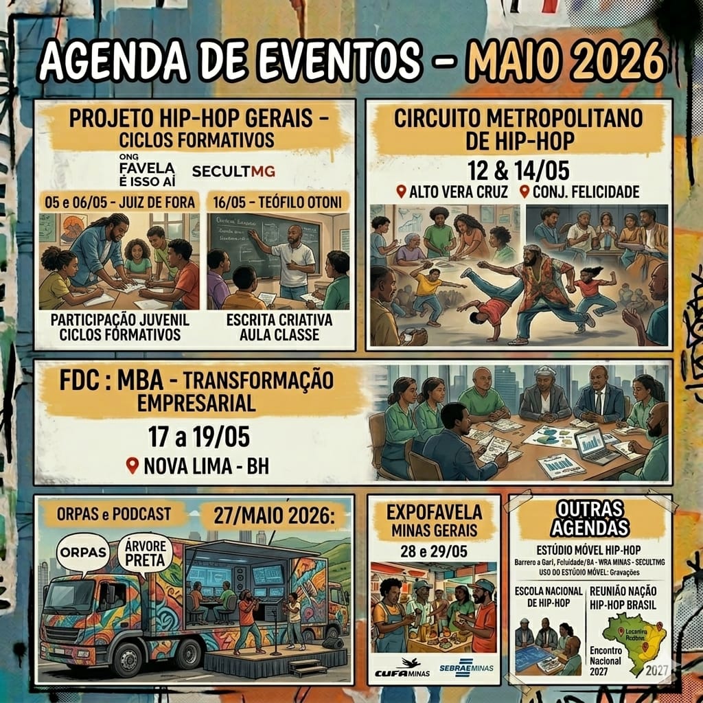 Agenda está no ar! Maio um mês de percorrer Minas Gerais com muita cultura, educação e inovação.
Papo e informação sobre Hip-Hop, Cultura e Favela, temos um compromisso marcado com o futuro.
📱 De um zoom para ver os detalhes e anote na agenda! #EventosMaio #HipHop #Inovação