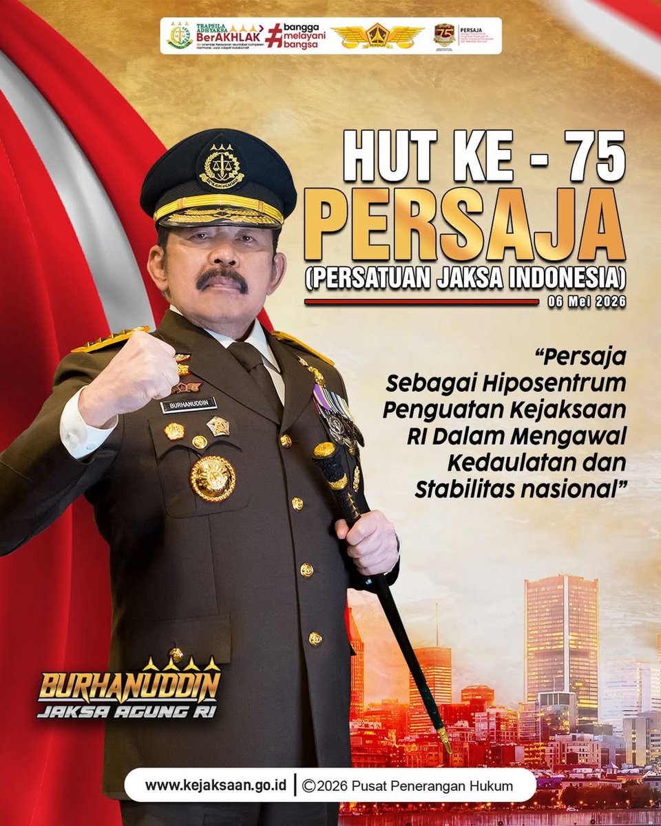 KejaksaanRI's tweet photo. Selamat Hari Ulang Tahun ke-75 Persatuan Jaksa Indonesia (PERSAJA)!
Mari terus bersinergi, berintegritas, dan menjadi garda terdepan dalam menjaga stabilitas nasional.
Sukses selalu untuk PERSAJA!
#KejaksaanRI #Persaja #HUT75 #KejaksaanAgung #IndonesiaMaju https://t.co/p05dOPKr1p