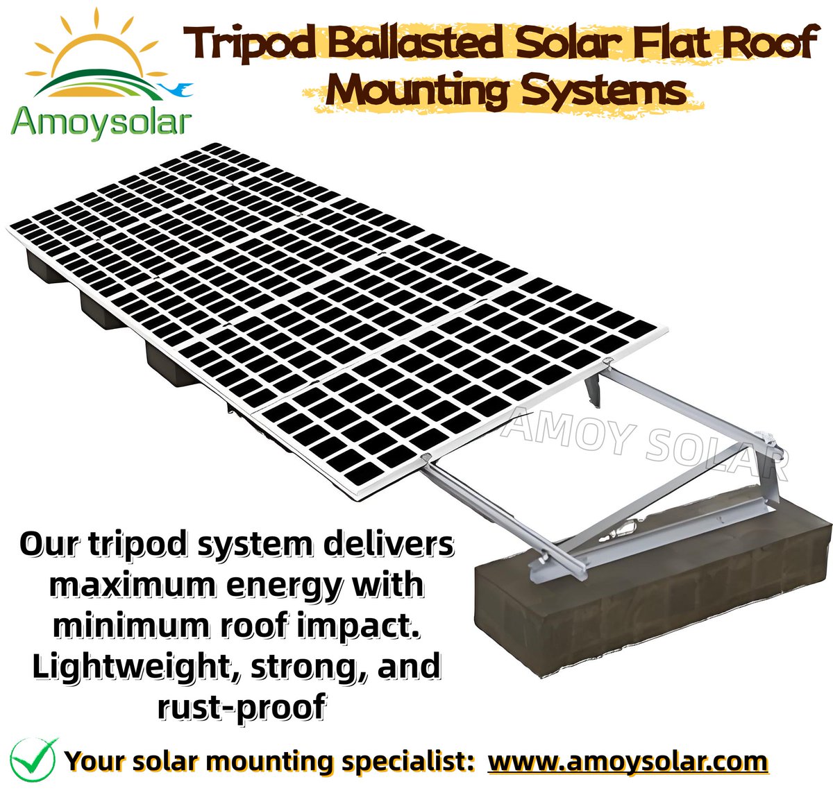 AmoySolar's tweet photo. Installing solar on a flat roof doesn't have to be complicated. Amoy Solar brings you the Aluminum Adjustable Tripod Mounting System—a stable, simple solution designed for flat surfaces. https://t.co/a3HErP6p48