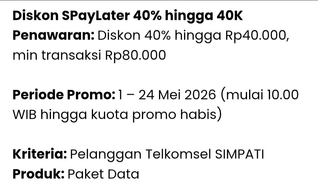 i_m_mortal_'s tweet photo. Promo SPayLater di My Telkomsel mulai jam 10

khusus paket data, diskon 40% 40k minbel 80k https://t.co/L78gzlCPz6