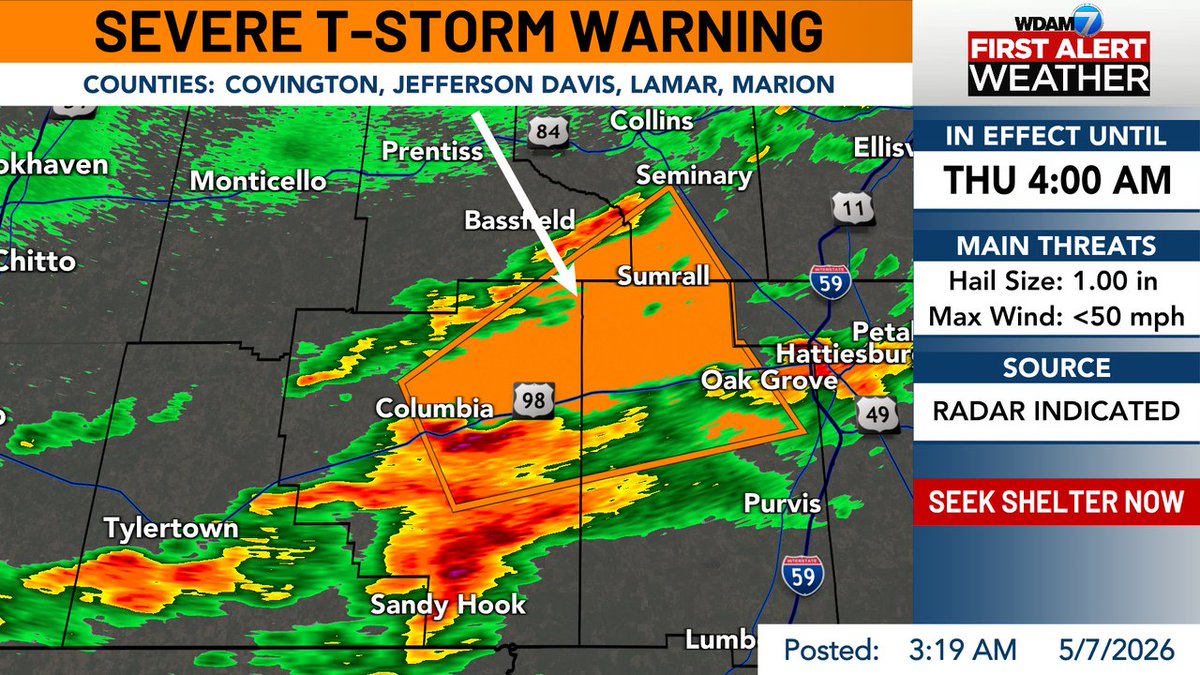 PatrickWDAM's tweet photo. 🚨Severe Thunderstorm Warning has been issued for Marion, Lamar, Covington, Jefferson Davis County until 5/07 4:00AM. For more info, open the WDAM 7 First Alert Weather App. https://t.co/PC15p1lffJ