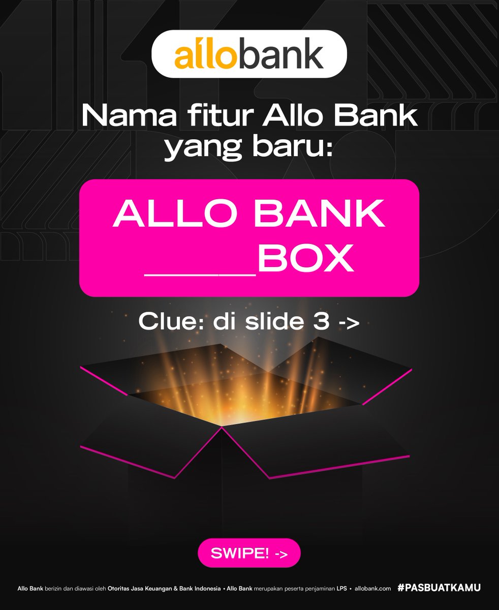 AlloBankID's tweet photo. GIVEAWAY TOTAL HADIAH RP500 RIBU!💸🤩

Siapa yang bisa tebak FITUR BARU YANG AKAN DATANG DI APLIKASI ALLO BANK?👀 

Akan ada hadiah buat 5 Allo Friends beruntung yang bisa jawab dengan benar!✨

Clue 1: Fitur ini bisa bikin kalian bahagia💛
Clue 2: Cek pinned post di profile kita!

📌Cara Ikutan
1. WAJIB follow akun X @allobankid
2. ⁠Like dan repost postingan ini
3. ⁠WAJIB punya akun Allo Bank yang sudah diupgrade ke Allo Prime.
4. ⁠Tulis JAWABAN kamu di kolom reply

✏️Syarat & Ketentuan Pemenang:
1. Akun media sosial harus akun asli dan tidak di private
2. ⁠Like dan comment semua postingan Allo Bank
3. ⁠5 pemenang masing-masing akan mendapatkan Rp100.000
4. ⁠Pajak yang berlaku ditanggung oleh pemenang sesuai dengan peraturan perpajakan yang berlaku
5. ⁠⁠Keputusan Allo Bank tidak dapat diganggu gugat.

📌Periode Giveaway: 7 Mei - 9 Mei 2026

Pemenang akan dipilih secara acak & diumumkan pada tanggal 10 Mei 2026.

Yuk, komen di bawah dan good luck, Allo Friends! 💛

#PasBuatKamu