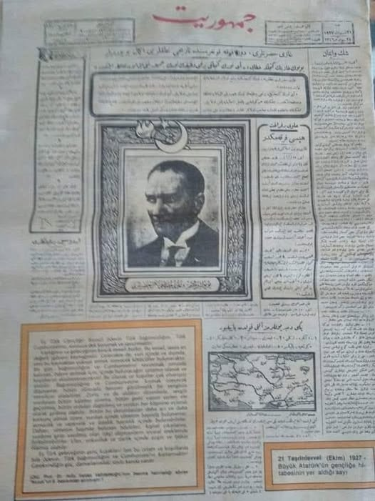 TOPRAK_2_'s tweet photo. 7 MAYIS 1924 – Atatürk'ün, Millî Mücadele ve Bağımsızlık Savaşı üzerine Yunus Nadi Bey'le görüşmesinin Cumhuriyet gazetesinde yayımlanması: 
"…Türkiye'nin ve Türk milletinin ve Türk milleti menfaatlerinin en emin savunmasının ancak Ankara'dan olabileceği olaylarla belli olmuştur." 
Cumhuriyet’in 7 Mayıs 1924 tarihli ilk sayısı, sekiz sayfadan oluşmakta idi. Cumhuriyet’in ilk sayısının birinci sayfası, Mustafa Kemal’in beyanatlarına, dış politik olaylara ve Yunus Nadi’nin kaleme aldığı gazeteyi tanıtan bir yazıya ayrılmıştı. 
“Cumhuriyet’in Karilere Takdimi” başlıklı yazıda, “…gazetemiz ne hükümet gazetesi, ne de bir fırka gazetesidir. Cumhuriyet sadece Cumhuriyet’in daha aleni ve şamil ifadesiyle, demokrasinin müdafiidir. Cumhuriyet ve demokrasi fikir ve esaslarını ihlal eden, yıkan, yıkmaya çalışan her kuvvetle mücadele edecektir. Memlekette her manasıyla hakiki bir demokrasi ve hakiki bir cumhuriyet tesisi için gazetemiz bütün varlığıyla çalışacaktır. Memlekette halkın, halk tarafından, halk için idaresi bizim mefkuremizdir. Ve biz yalnız bu mefkurenin esiriyiz, başka hiçbir kuvvetin değil” sözleriyle gazetenin siyasi kimliği ve hedefleri net bir biçimde ortaya konmakta idi.
Gazetenin ikinci sayfası; yorum ve makale ağırlıklı düzenlenmişti. Yorum ve makaleler ele alınan konuların uzmanları tarafından ele alınıp derinlemesine ve titizlikle incelenmekte idi. Bu sayfa, okuyucuyu eğitmesi, yetiştirmesi ve yurt sorunlarına ışık tutarak Türk düşünce hayatına hizmet etmesi nedeniyle övülmüştür. Üçüncü sayfa, haber ve yazıların devam sayfası idi. Gazetede biri siyasi içerikli, diğeri toplumsal nitelikli iki karikatür yer alıyordu. Gazetede ayrıca toplumun her kesimine hitap etmeyi hedeflemesinin sonucu olarak; çocuk sütunu, kadın sütunu, spor sütunu, iktisadi sütun gibi bölümlerle, “her gün bir hikaye”, “gazetenin doktoru” gibi popüler sütunlar da bulunmakta idi . Fakat bu popüler sütunlara bazı farklılıklar getirilmişti. Örneğin, spor sütunu diğer gazetelerin yaptığı gibi sadece “futbol” sayfasından ibaret olmayıp, diğer bütün spor dallarına yer vermesi ile dikkat çekmekte idi. Ayrıca spor gazete sayfalarından izlenmekten çıkarılmaya çalışılmış, geniş kitlelerin yaptığı bir etkinliğe dönüştürme çabası hep hissedilmiştir. Gazetenin son sayfası ise, ilan ve reklamlara ayrılmıştı.