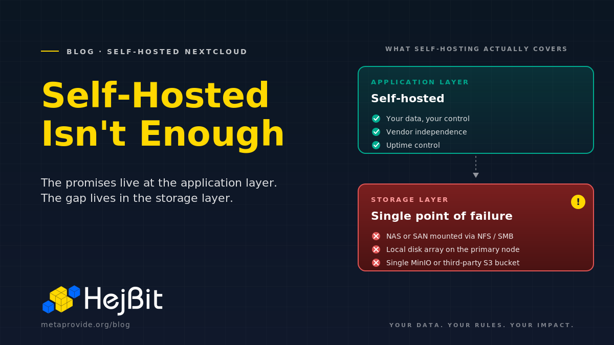 MetaProvide's tweet photo. Self-hosting Nextcloud gives you control of the application.

Not the storage layer underneath it.

NAS, single MinIO, S3 bucket, local disk: same pattern, one dependency away from a Friday-night incident.

Self-hosted is the right call. Storage is where it stops being enough.
Full breakdown ↓
https://t.co/ESxa9NYBz5