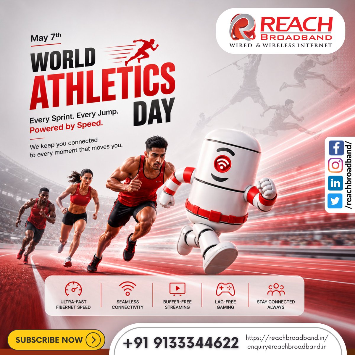Reach_Broadband's tweet photo. #WorldAthleticsDay #ReachBroadband #PoweredBySpeed #WorldAthleticsDay2026 #SpeedMatters #Rangareddy #Telangana #HomeFibernet #StayConnected #AthleticsLife #HighSpeedInternet #FastestInternet #DigitalIndia #FitnessAndTech #SprintToSuccess #FiberOptic #ReliableConnection https://t.co/mcBd96Sj3A