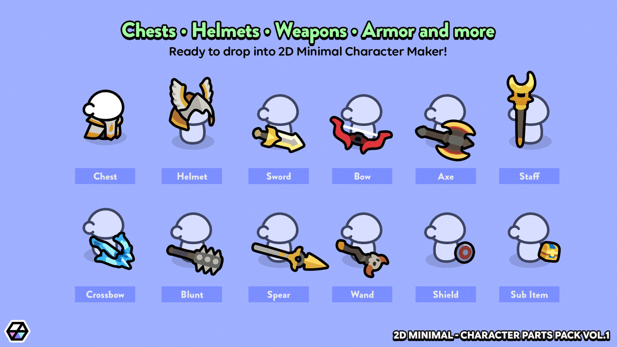 LayerLabGames's tweet photo. Tired of your heroes looking the same?

  Our new expansion pack drops 620+ bolder, more decorative parts — helmets, armor, weapons &amp; shields — straight into 2D Minimal -
  Character Maker. ⚔️🛡️

  🔗 https://t.co/rBpxsYwJTV

  #gamedev #indiedev #unity #2dart #rpg #layerlab https://t.co/bCjvk0If6i