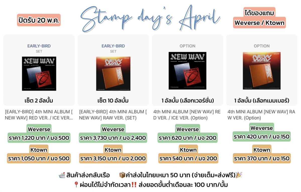 TREASURE 4th MINI ALBUM [NEW WAV]

✅ได้ของแถมWeverse / Ktown

🔸ผ่อนได้ไม่จำกัดเวลา‼️
ส่งยอดขั้นต่ำเดือนละ100บาท/บั้ม

📦ค่าส่งในไทย 50 บาท (จ่ายเต็ม=ส่งฟรี)🎉

💌สอบถาม&amp;สั่งซื้อทักเดม/ไลน์@
📍lin.ee/YMx56RV

#ตลาดนัดtreasure #ตลาดนัดเด็กสมบัติ