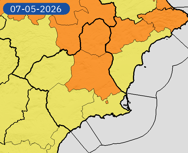 AEMET_Murcia's tweet photo. 07/05 09:42 AVISOS HOY | Región de Murcia: lluvias y tormentas. Nivel máximo de aviso: naranja.
Actualizaciones en https://t.co/gQDupQ393c https://t.co/0t1J0qXULV