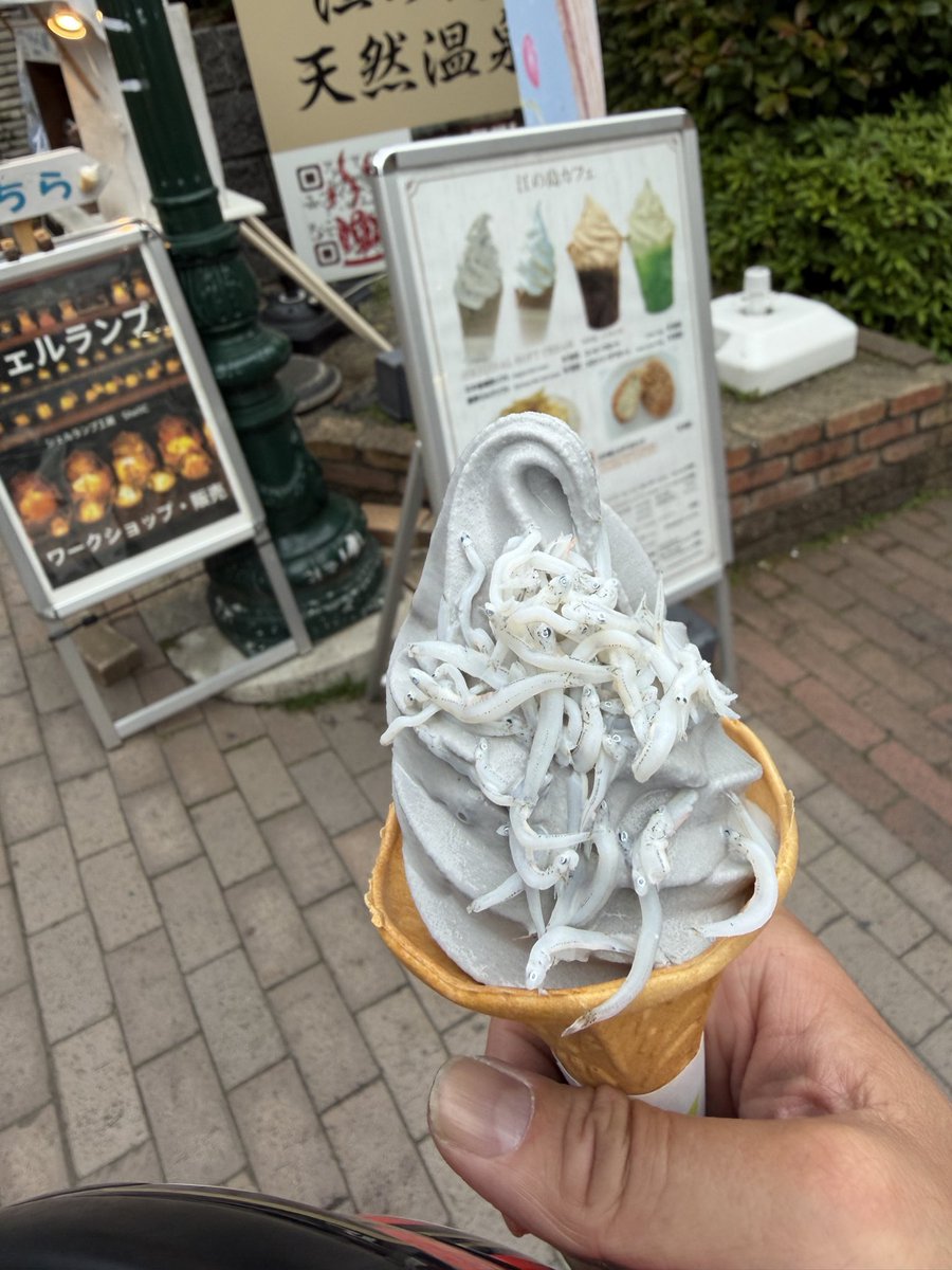 kenken198191's tweet photo. 帰りは江ノ島でしらすソフト🍦
炭ソフトにしらすの塩味が絶妙にマッチしてほんとに美味しい☺️ https://t.co/gQgtv8hgeW