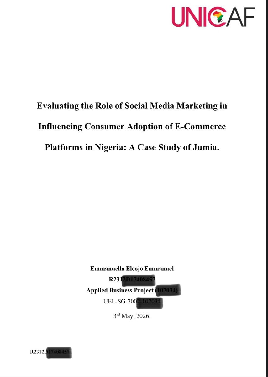Ellsmanuel's tweet photo. I just submitted my MBA thesis.
And honestly? I can now say with my full chest: I live and breathe Social Media Marketing in theory AND in practice😎

Here's what months of research taught me:
1. Social media is THE trust-building infrastructure.
Nigerians don't buy from brands they don't trust. And social media is where that trust is either built or destroyed.

2. Jumia's adoption wasn't just about discounts. it was about Authority, Ease of use, Guarantee (pay on delivery), Social proof, and Influencer credibility. These are the key pillars the market respond to.

3. Consumer behavior in Nigeria is heavily influenced by peer validation. If their friends aren't talking about it on TikTok/IG or WhatsApp, it doesn't exist.

This research combined everything we've been doing at Elima Creatives

Psychology. Execution. Culture. Platforms.

Everyone talks about strategy. Everyone has ideas. But we EXECUTE.

Research meets reality. Theory meets results.
And I couldn't be prouder of my team!

Anyway, congratulations to me💃💃
