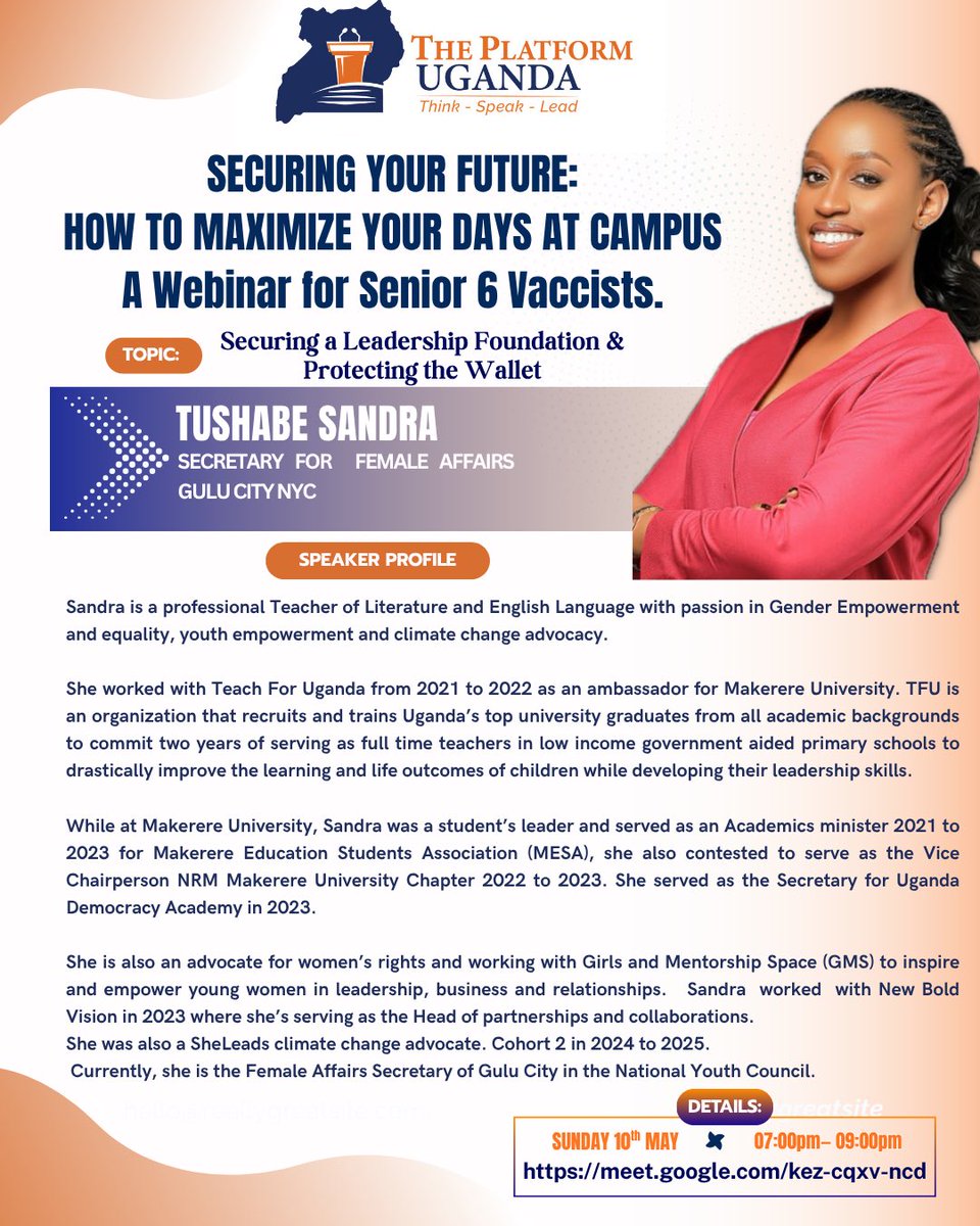 the_platform_ug's tweet photo. Join Gulu City NYC Secretary Tushabe Sandra this Sunday as she shares how to build a solid leadership foundation and master your finances before you even step foot on campus.

📆 May 10th | 7:00 PM
🔗 https://t.co/OEENJzUU14

💡✅Leadership and Financial Strategy at University https://t.co/sigubslfDq
