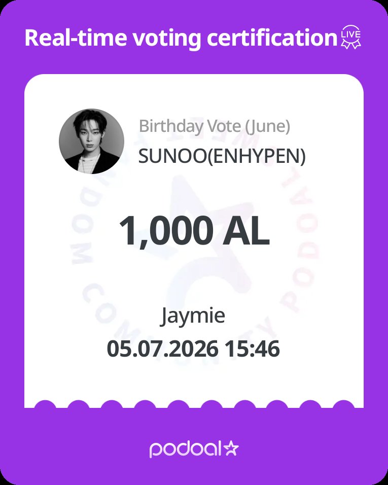 myla45849's tweet photo. 🍇 포도알 (PODOAL)
2026.04.23 ~ 2026.05.07
Birthday Vote (June)
 just casted a total of 1000AL for SUNOO(ENHYPEN)!❤️
Want to join me in supporting them?😍

https://t.co/grwkUpiaSP https://t.co/fDAncGH5xz
