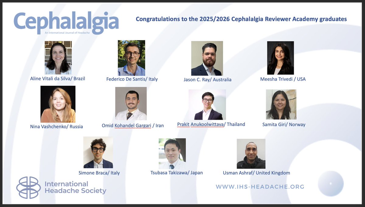 ihs_official's tweet photo. The Cephalalgia Reviewer Academy has officially concluded its 2026 program, celebrating the successful graduation of an outstanding cohort. Congratulations to the 2025/2026 Cephalalgia Reviewer Academy graduates 🎓✨
 #migraine #headache #brain #pain #neurology #neuroscience https://t.co/LnyPv312Wf