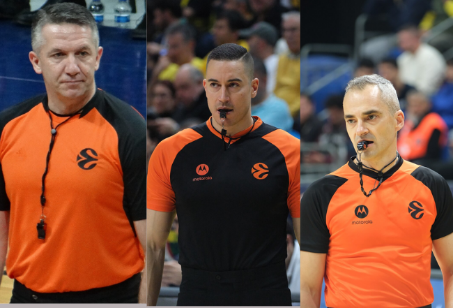 Sreten Radovic (🇭🇷), Mehdi Difallah (🇫🇷) y Saso Petek (🇸🇮), árbitros designados para el 4º partido entre Panathinaikos y Valencia Basket.