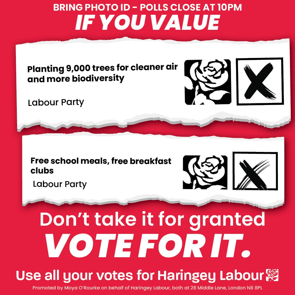 HaringeyLabour's tweet photo. 🚨POLLS ARE OPEN🚨

If you value:

✨One of the largest council home building programmes in the country
✨Outstanding children's services
✨£570m upgrades to every single council home
✨Keeping all library services open

Don't take it for granted. Vote for Haringey Labour TODAY🌹 https://t.co/L4hs8wtn1x