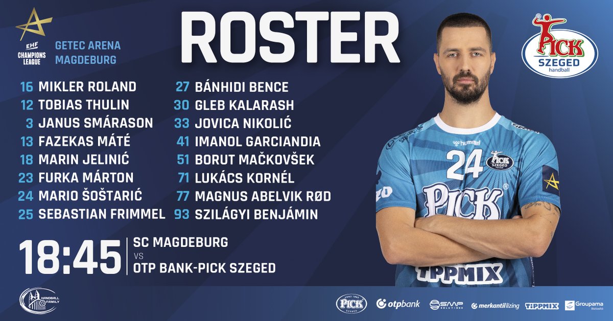 pickhandball's tweet photo. 🔷 Today’s roster ⚔️ @SCMagdeburg 

#kékek #HandballFamily #otpbankpickszeged #pickszeged #handball https://t.co/3X8p1PXAV5