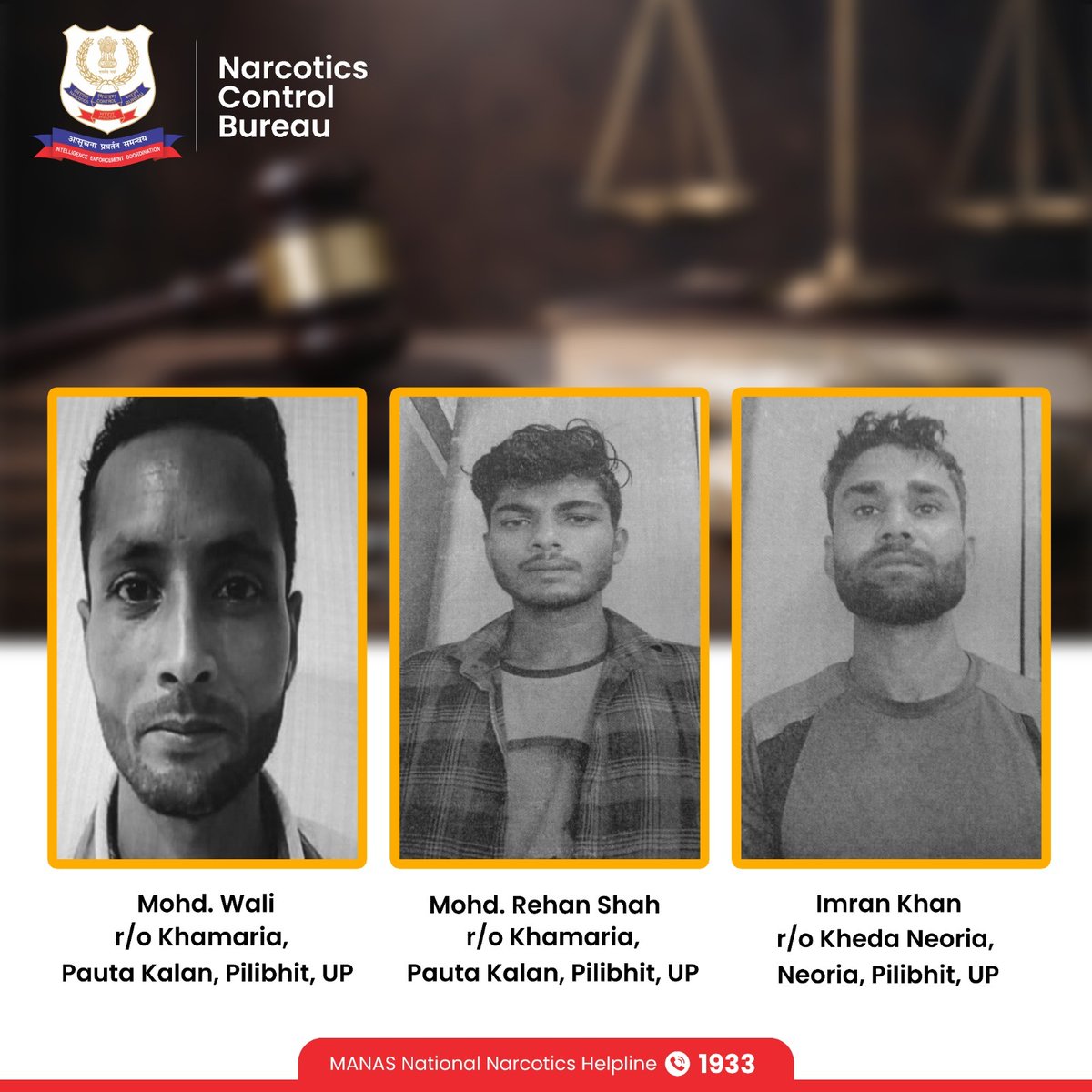 narcoticsbureau's tweet photo. 🚨 NCB secures conviction of three drug traffickers in 2021 interstate Charas trafficking case of Panipat, Haryana.

🔷 The District & Sessions Court, Panipat has sentenced Mohd. Wali & Mohd. Rehan Shah (both r/o Pauta Kalan, Pilibhit, UP) & Imran Khan (r/o Neoria, Pilibhit, UP) to 20 years of rigorous imprisonment along with a fine of Rs 2 lakh each.

🔷 The case pertains to the seizure of 10 kg charas in Panipat in September 2021 by the NCB Delhi Zonal Unit, sourced from Srinagar, J&K leading to the arrest of the three convicts.

📞 NCB urges citizens to report narcotics-related information through MANAS Helpline (Toll-Free: 1933). Informers’ identities are kept strictly confidential.

#NCB #SayNoToDrugs #ZeroTolerance #NDPSCourt #NDPS #Conviction #Charas

@HMOIndia @dg_ncb @DelhiZone_NCB @ddg_nr @MSJEGOI @PIBHomeAffairs @DDNewslive @airnewsalerts