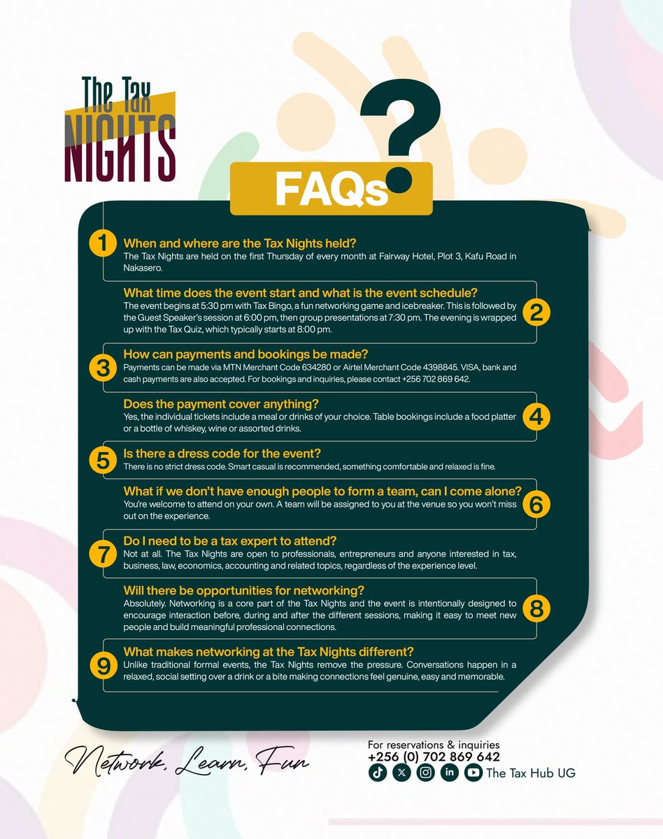 TaxHubUG's tweet photo. 📢 It’s the D-DAY! 🔥🔥
 📣 The sixth edition of the TAX NIGHTS is happening this evening 🎉 Get ready to network, learn and have fun! 

📌 Here’s what’s lined up for the evening;
 🎯 Speed Networking: Our fun networking icebreaker to get everyone talking and excited! https://t.co/i56A4TwVlV