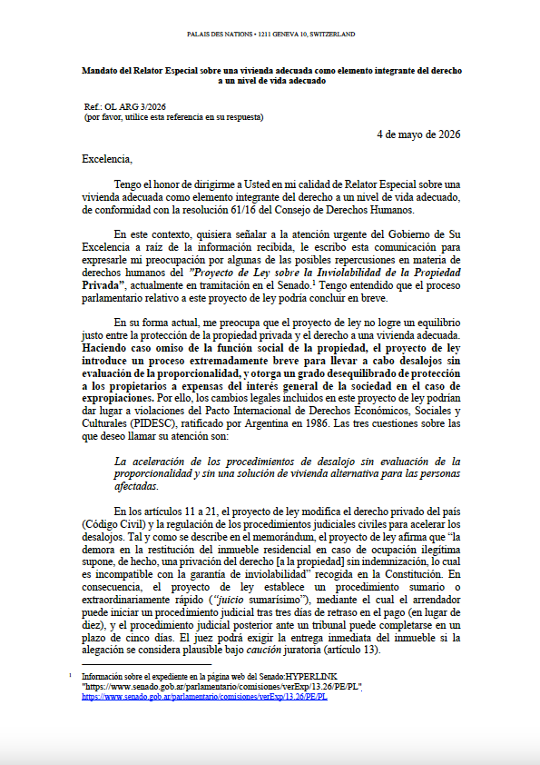 adequatehousing's tweet photo. 🇺🇳
The first communication of my tenure as UN Special Rapporteur is out.
I have written to the Government of Argentina to express my concerns about the Bill on the Inviolability of Private Property. 🇦🇷
Full text in Spanish here: https://t.co/evNlLFfsR2 https://t.co/xhuGjNRaHq