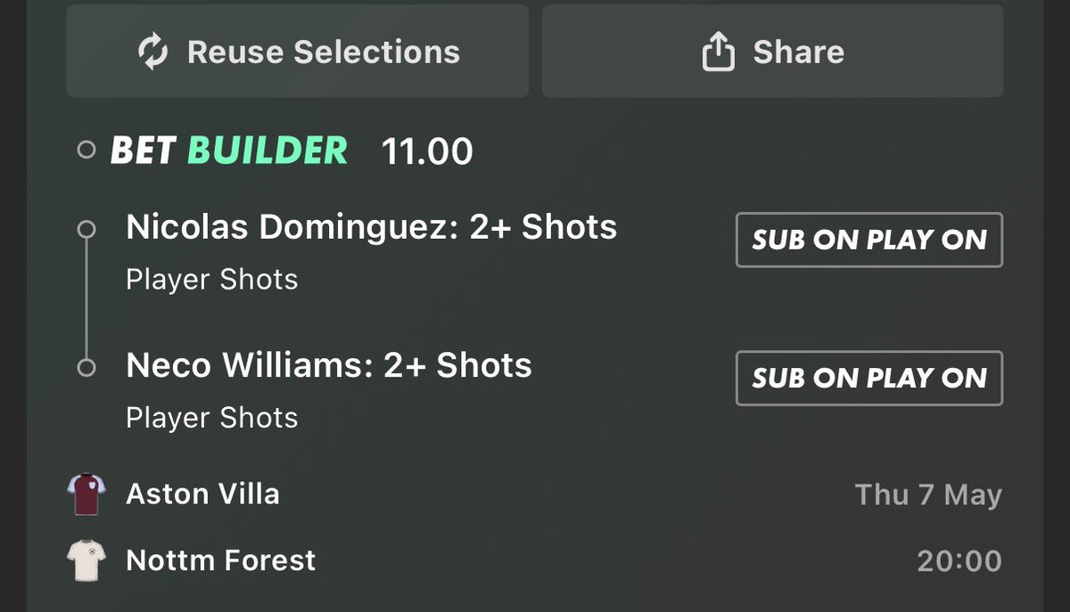 TripleBPunts's tweet photo. Aston Villa vs Nottingham Forest

Nicolas Dominguez 1+ Shots

Dominguez has landed a shot in 8 of his last 10 Europa League games, averaging 2.27 shots per 90 minutes.

0/5/0/3/2/1/3/3/2/2

Neco Williams 1+ Shots

Williams has landed a shot in 10 of his last 12 games, including one shot last time the two teams met and 4 shots the game before that. Averaging 1.72 shots per 90 minutes.

1/1/2/3/4/2/2/0/0/1/1/3