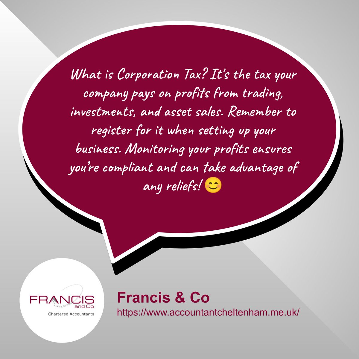 accountchelt's tweet photo. What do you know about Corporation Tax? It’s essential for your business profits! At Francis &amp; Co, we can guide you from registration to monitoring your profits. Let us help you get it right! 😊 #TaxTips
👉🏻https://t.co/Oz3fKi85vC https://t.co/1XranuPDIA