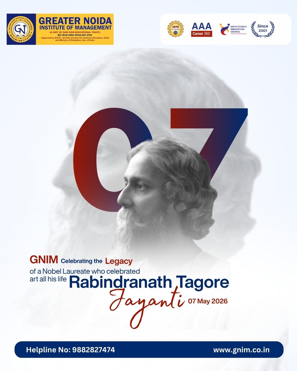 gnimofficial's tweet photo. On Rabindranath Tagore Jayanti, GNIM pays tribute to the poet, philosopher, and Nobel Laureate whose vision of education went far beyond textbooks, a vision we continue to carry forward.

#TagoreJayanti #RabindranathTagore #GurudevTagore #GNIMGreaterNoida #PGDM #LegacyOfLearning https://t.co/DyRShJQe4w