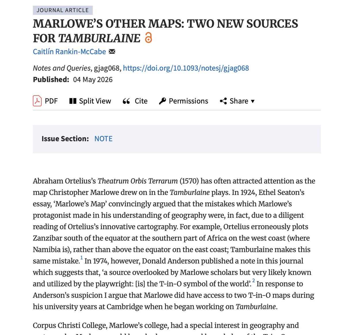 RankinMccabe's tweet photo. When one small footnote takes you deep down the rabbit hole...   If you're interested in #ChristopherMarlowe, you might like to read my new note on Marlowe and the #ParkerLibrary!

@ParkerLibCCCC thanks to Tuija at the PL for all your help! 🗺️📚🌎

https://t.co/rb72BEQET8 https://t.co/zoPgXNdYZt
