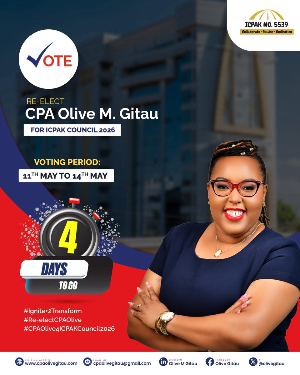 olivegitau's tweet photo. I am deeply grateful for the continued endorsements and trust from fellow professionals who believe in my vision for ICPAK.

These endorsements are a reflection of the progress we have made together and the confidence that we can achieve even more in the next term. I remain committed to purposeful leadership, accountability, innovation, and service excellence.

Let us continue building a stronger Institute and advancing our profession together.

🗳️ Vote CPA Olive M. Gitau for ICPAK Council 2026
📅 Voting: 11th May, 9:00 AM – 14th May, 9:00 AM
🌐 https://t.co/0AiSkfIlus

Together, let’s IGNITE+ to Transform.

#IgniteToTransform
#ReElectCPAOlive
#CPAOlive4ICPAKCouncil2026