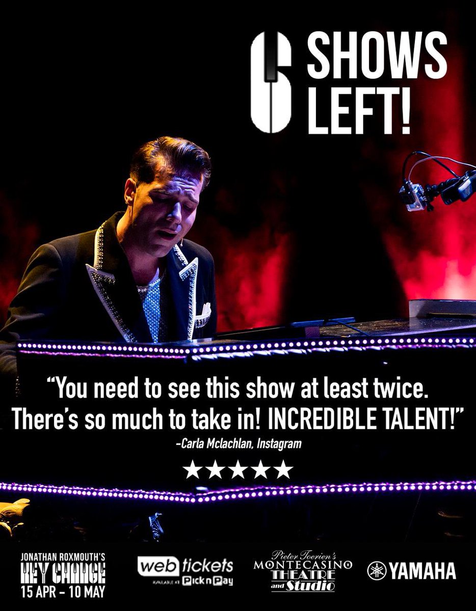 JUST 6 SHOWS LEFT <a href="/MONTECASINOZA/">MONTECASINO</a> 

Jonathan Roxmouth in KEY CHANGE- My Favourite Pianists 

“The BEST show I have seen in years! A MASTERCLASS in showmanship, heart, and sheer joy! Don’t miss it!” Step Out Gauteng

Tickets <a href="/webticketsSA/">webtickets.co.za</a> 

#dontmissout