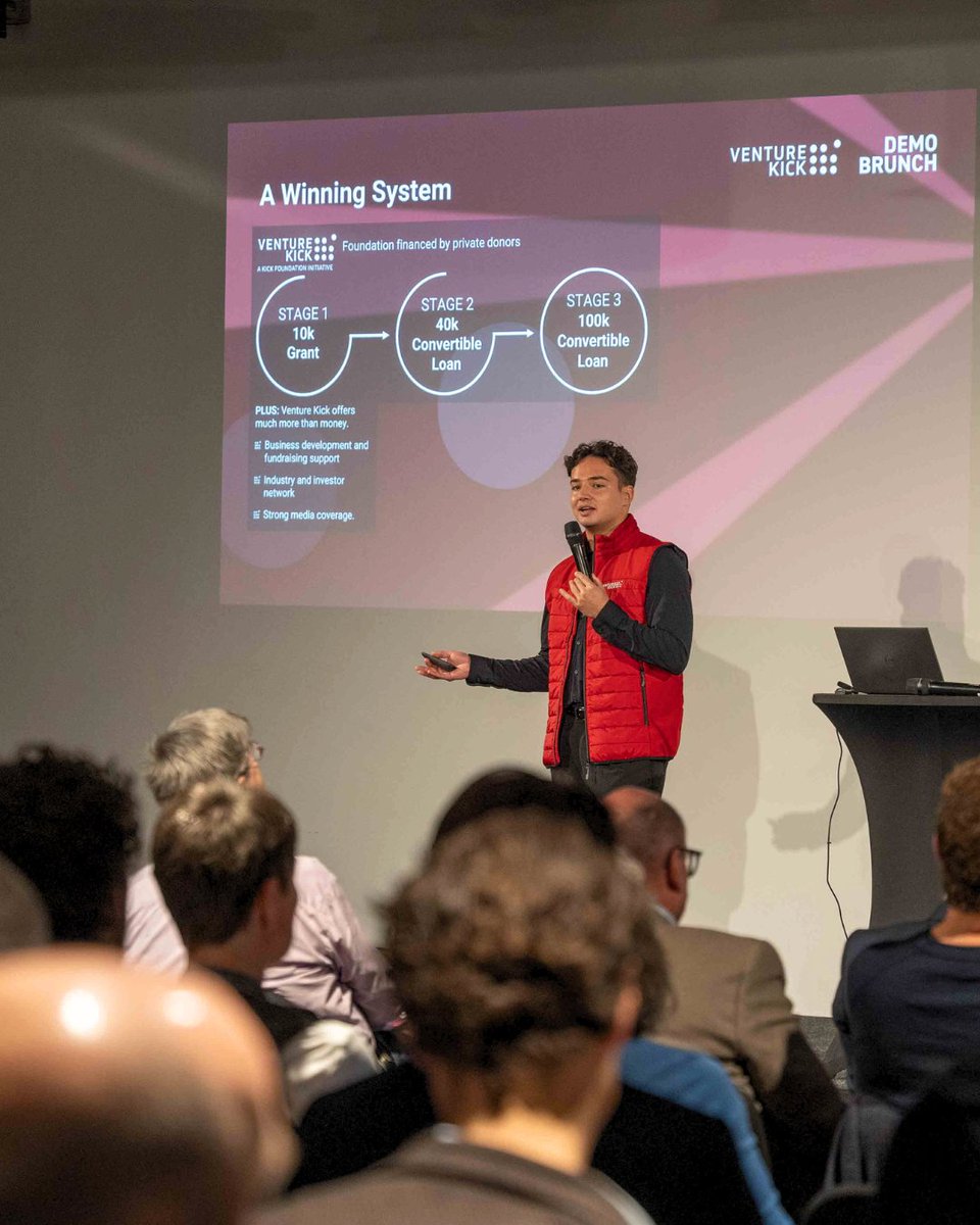 venturekick's tweet photo. Where curated startups meet committed investors 🤝 https://t.co/A84p4DWZyX
 
Today’s second Venture Kick Demo Brunch of 2026, one of five taking place this year, once again brought together some of Switzerland’s most promising startups and a room full of engaged investors, but the real value goes far beyond the 2-minute pitches. 
 
Every startup presenting at the Demo Brunch has been selected and backed by the Venture Kick jury. That means investors don’t just meet early-stage companies, they tap into a rigorously screened, high-potential deal flow embedded in one of Europe’s leading accelerator ecosystems. 
 
A format built for impact: 
 
🔹 Focused pitches from 17 fundraising-ready, deeptech startups, all with open rounds and at the right stage for investment, closing within around 3 months on average 
🔹 A curated audience of active investors 
🔹 Efficient networking over coffee and croissants 🥐 
🔹 Direct access to the broader Venture Kick alumni community 
 
The Demo Brunch is more than an event, it’s a gateway into the Venture Kick ecosystem. 
 
A big thank you to all founders for their sharp pitches and to the investors for their engagement and openness! 
 
Many thanks as well to Ciro Schillig and Cristina Lozano Madueño, and the Marketing and Communication team, for their support and dedication. 
 
To be considered for the next Demo Brunch, message Ciro directly. He'll send you the cohort one-pager and let you know when invitations open. 
 
#VentureKick #SwissStartups #DemoBrunch