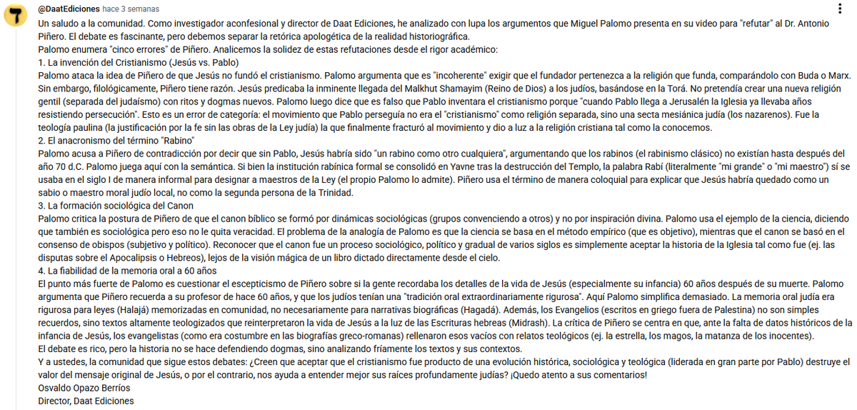 davidluque2's tweet photo. @CarlosOlivoV Pues la pena de que el Sr. Palomo justo es famoso por sus falacias del hombre de paja y manipulaciones. Cuando no cuenta un cuento, refuta a alguien que no es Piñero, confunde teología con historia, y ni ha leído ni tiene idea de método histórico. Aquí algún alma que sí conoce: https://t.co/VIReQQz6lh