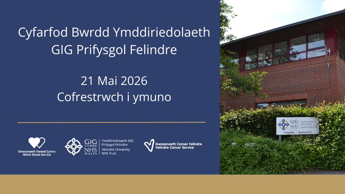 YFelindre's tweet photo. Bydd cyfarfod Bwrdd Ymddiriedolaeth GIG Prifysgol Felindre yn cael ei gynnal ar 21 Mai 2026.

Mae'r manylion cofrestru ar ein gwefan: ⬇️

🔗 https://t.co/UOjdknhkq8 https://t.co/zMqFsSOVcx
