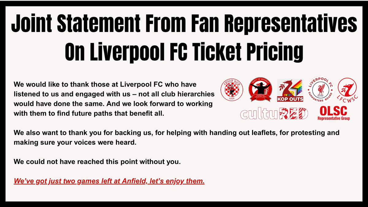 Following talks with the club, we’re pleased that there is an improved outcome for all supporters.

We want to thank all who supported action on this. Supporter voice is important and we thank the club for engaging.

Let’s focus now on what matters - the team that we support.