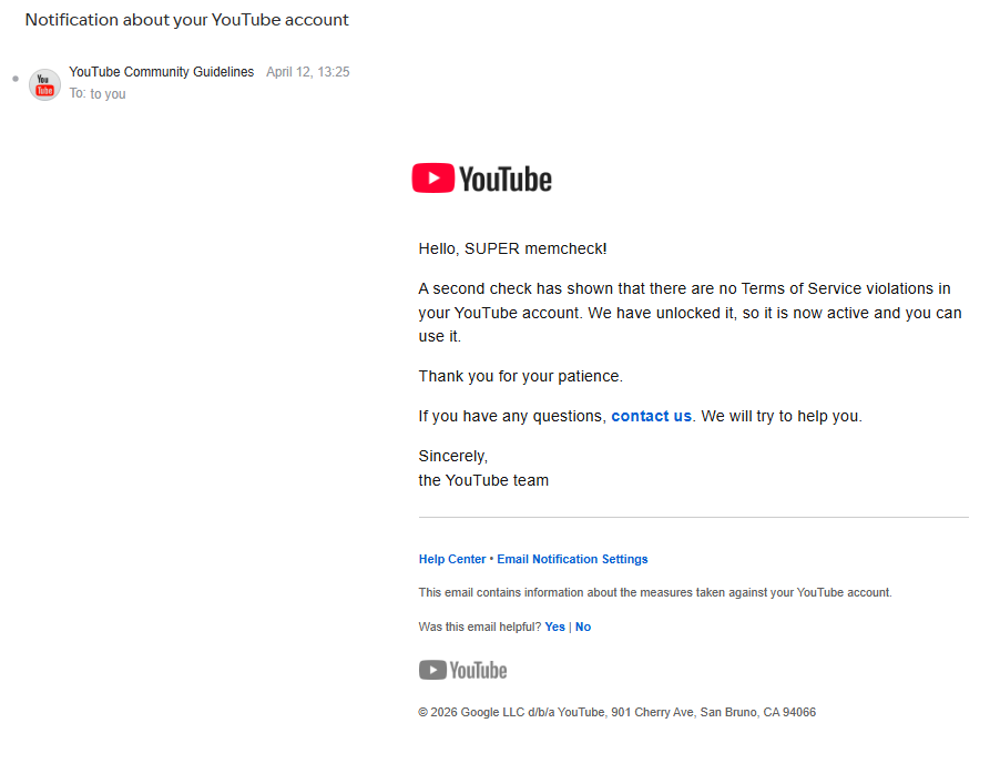 SUPERmemcheck's tweet photo. Hey, @TeamYouTube, my channel, SUPER memcheck, was deleted for "spam, fraud, and deception" on April 8th. It was restored on April 12th, but on April 15th, it was deleted again due to the same error, likely by an automated system.

I provided all the additional information about my channel in your chat, indicating that it was deleted by mistake. I am an honest author who has never engaged in spam, fraud, or deception.

You said it would take a couple of days for you to send me new information about my channel, but it's already May 7th and I haven't received any new updates. I also messaged you in chat on April 27th, but there has been no response. Please manually check my channel, as I believe it was deleted by mistake!

My SUPER memcheck channel: https://t.co/SN2czprKiQ