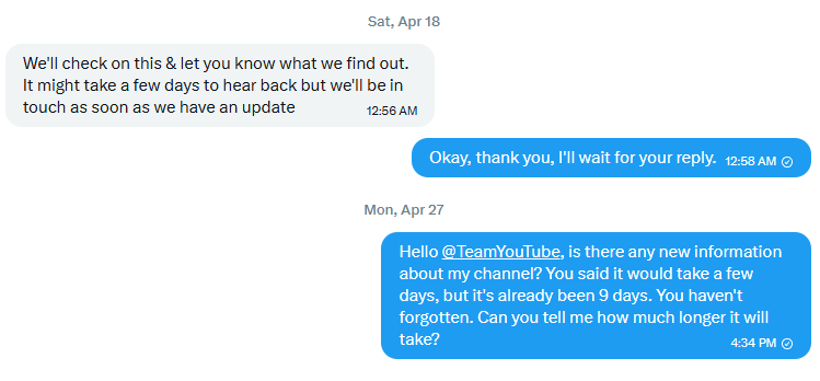 SUPERmemcheck's tweet photo. Hey, @TeamYouTube, my channel, SUPER memcheck, was deleted for "spam, fraud, and deception" on April 8th. It was restored on April 12th, but on April 15th, it was deleted again due to the same error, likely by an automated system.

I provided all the additional information about my channel in your chat, indicating that it was deleted by mistake. I am an honest author who has never engaged in spam, fraud, or deception.

You said it would take a couple of days for you to send me new information about my channel, but it's already May 7th and I haven't received any new updates. I also messaged you in chat on April 27th, but there has been no response. Please manually check my channel, as I believe it was deleted by mistake!

My SUPER memcheck channel: https://t.co/SN2czprKiQ