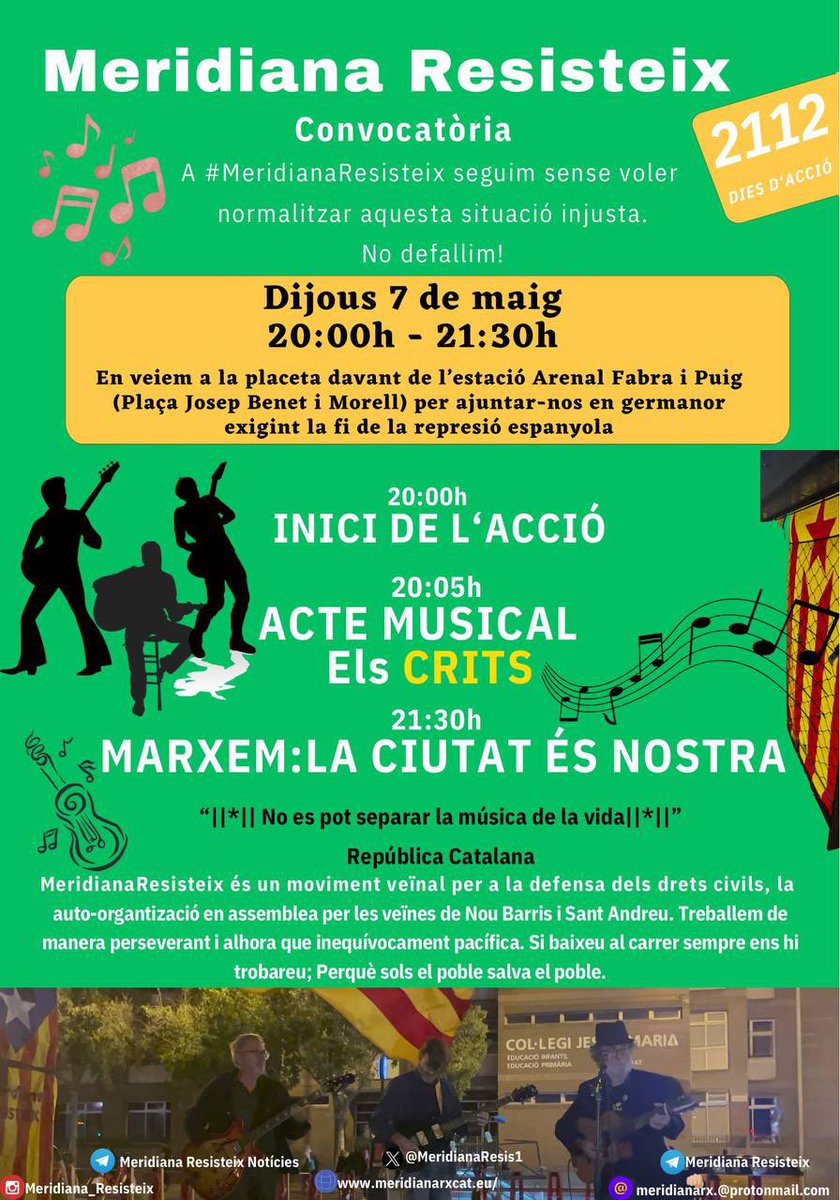 🚨Meridianes! Avui us convoquem a una nova jornada combativa ✊

📣Avui a Meridiana ,dijous de música. En mans de la banda els Crits , música de casa, de carrer, de cor i ànima, música reivindicativa que ens amenitza la protesta al carrer.